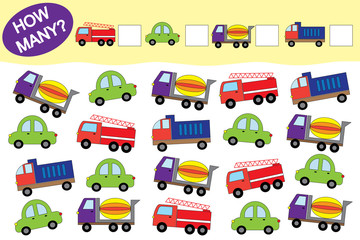 How many objects of transport. Educational game for children. Vector illustration.
