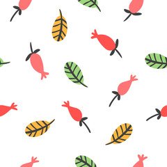 Flat Style Dog Rose and Leaves Autumn Colorful Vector Seamless Pattern