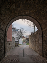 The dark passageway in city Hildesheim, Germany