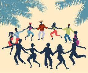 Cuban Rueda, or group of people dancing salsa in a circle under tropical palm trees