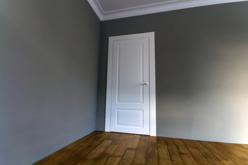 New renovated room interior with freshly painted walls, white door and wooden parquet floor