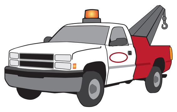 A cartoon tow truck with emergency flashing light and large hook