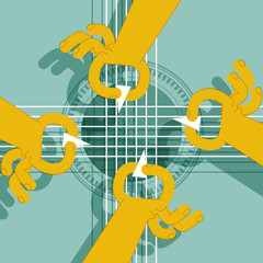 FOUR HANDS GUITAR. Classical guitar.
Serie of funny illustrations with cool musicians and instruments.