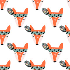 Little Fox Indian with a Feather Headpiece Vector Seamless Pattern