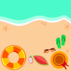 Vector illustration of sunny beach. Top view on lifebuoy, sea stars, hat, fruits, flip flop, sunglasses near the see.