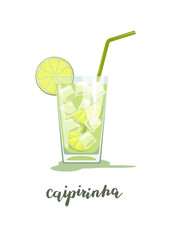 Glass of caipirinha cocktail with straw. Vector illustration isolated on white background