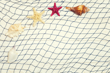 Starfish and seashell on a light wooden background