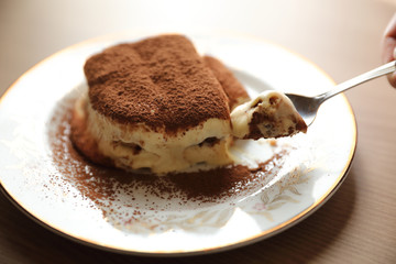 Tiramisu cake on wood background