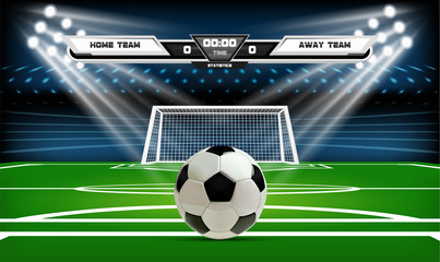 Football or soccer playing field with infographic elements and 3d ball. Sport Game. Football stadium spotlight and scoreboard background vector illustration