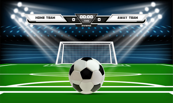 Football Or Soccer Playing Field With Infographic Elements And 3d Ball. Sport Game. Football Stadium Spotlight And Scoreboard Background Vector Illustration