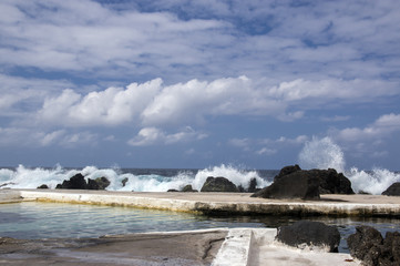 Lava pools swimming pool complex, Porto Moniz, Madeira, Portugal, wild ocean and waves