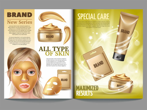 Cosmetic magazine template, golden mask and scrub with biogold. Advertising skin care purifying peel-off mask. 3d vector realistic illustration.