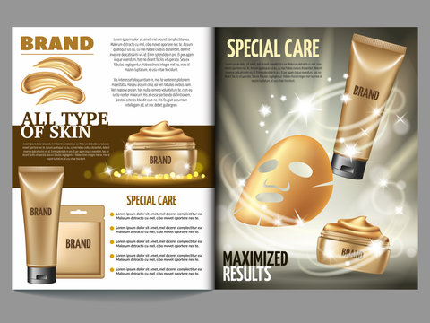 Cosmetic magazine template, golden mask and scrub with biogold. Advertising skin care purifying peel-off mask. 3d vector realistic illustration.