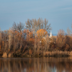 Fototapeta premium Kirche von Schützen mit Teich im Vordergrund