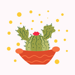 Vector illustration of cute cactus in cartoon style with geometrical elements. Can be used as print, background, sticker or on mug, card and invitation.