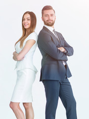 Portrait of business people back to back against white backgroun