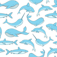 Vector seamless pattern with whale, shark, narwhal and dolphin on the white background. Sea creatures and marine life.