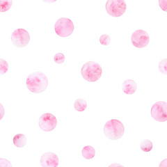 Hand painted watercolor pink circles seamless pattern on the white background. Textures for your design.