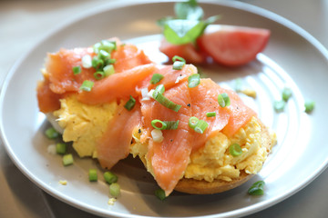Scrambled eggs with smoked salmon on toast , Breakfast food