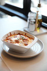 Homemade Beef Meat lasagna on dish in restaurant , Italian food