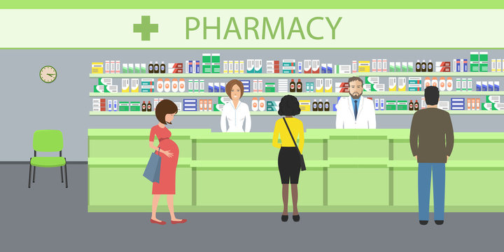 People in the pharmacy. Pharmacists man and woman stands near the shelves with medicines. In the green hall there are visitors. Vector illustration.