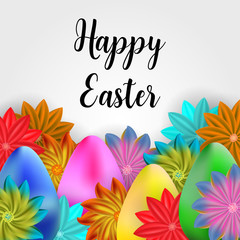 Happy Easter illustration with decorated colorful eggs and beautiful flowers.