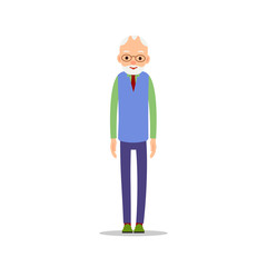 Old man. Elderly man is stand and his arms are lowered. Cartoon illustration isolated on white background in flat style. Full length portrait of old human, senior or grandfather