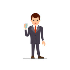 Business man. Businessman stand and holds glass of water in his hand. Grey suit, shirt and red tie. Illustration in flat style