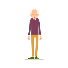 Fototapeta premium Old man. Elderly man with mustache is stand and his arms are lowered. Cartoon illustration isolated on white background in flat style. Full length portrait of old human, senior or grandfather