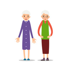 Old woman. Two senior, one elder womаn stand and holds his arms in different directions, the other stands with his hands in the hips. Illustration isolated on white background in flat style.