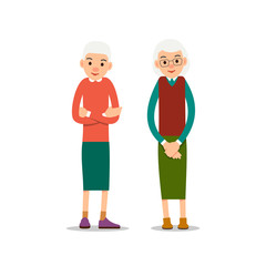 Old woman. Two senior, one elder women stand with his arms crossed at chest level, and other lady holding hand in his hand. Illustration isolated on white background in flat style.