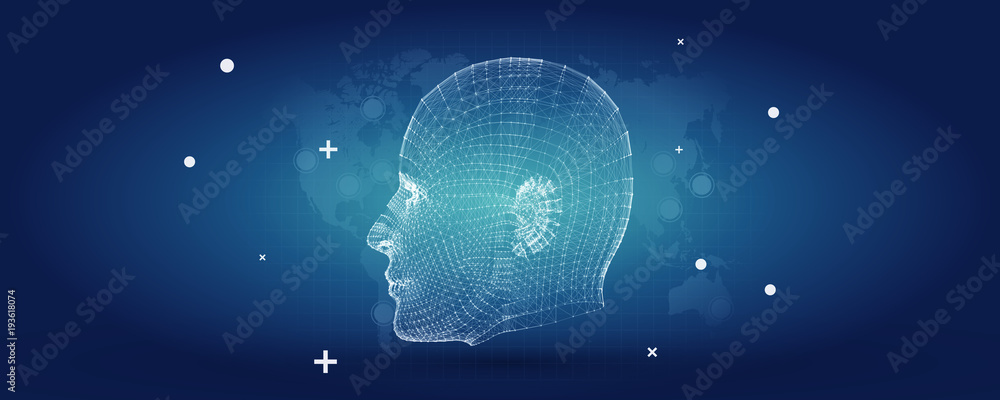 Poster artificial intelligence with cyborg mesh face vector illustration background - futuristic business p