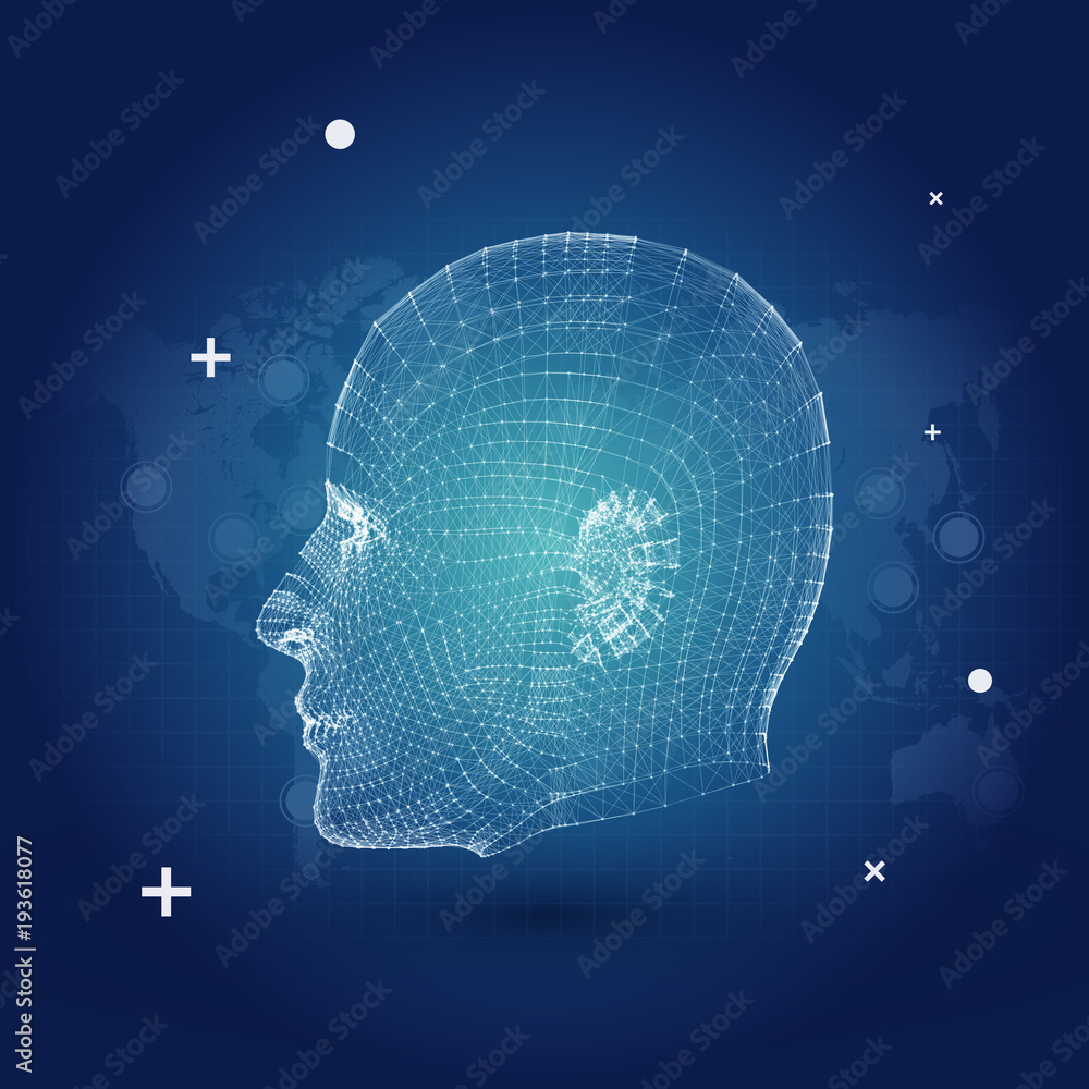 Poster artificial intelligence with cyborg mesh face vector illustration background - futuristic business p
