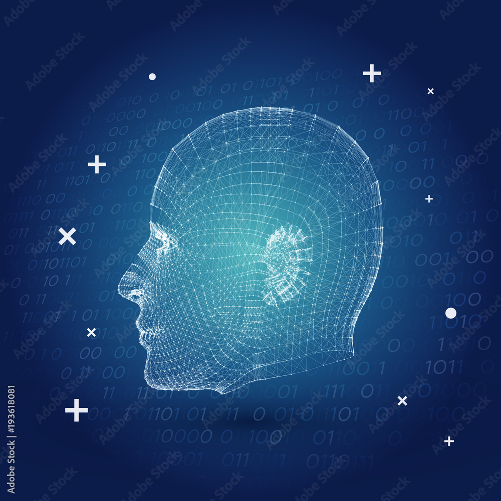 Poster artificial intelligence with cyborg mesh face vector illustration background - futuristic business p