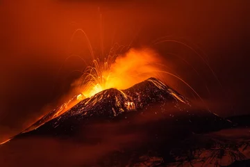 Gordijnen Volcano eruption landscape at night - Mount Etna in Sicily © Wead