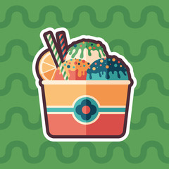 Fruit ice cream sticker flat icon with color background.