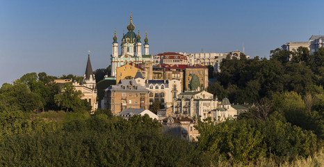 Fototapeta na wymiar View of the Saint Andrew's Church and Richard Castle, Podil, Kyiv panorana, Ukraine