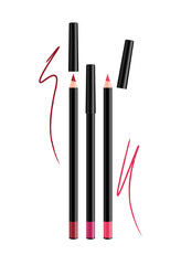 Cosmetic pink Make-up Eye liner Set Pencils with cap. Vector Isolated on White Background. Collection of lipliner pens for contour in glamour luxury vogue style.