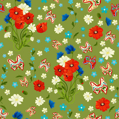 Seamless texture. Multicolor pattern of butterflies, flowers and leaves