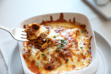 Homemade Beef Meat lasagna on dish in restaurant , Italian food
