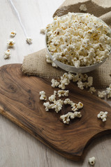Popcorn in the bowl. Top view