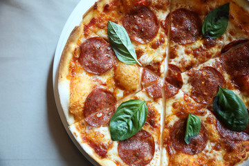 Hot Pepperoni Pizza in dish , Italian food