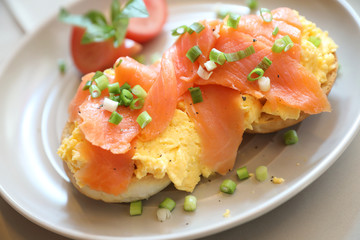 Scrambled eggs with smoked salmon on toast , Breakfast food