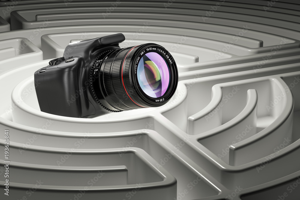 Poster digital camera inside labyrinth maze. 3d rendering
