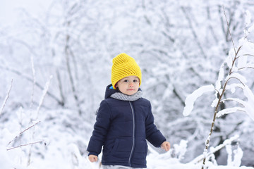Little child in winter forest. Young boy walking in winter snowy park alone. Winter vacation with children. Cute boy spending wintertime outside. Blue jacket and yellow hat, hipster in the forest