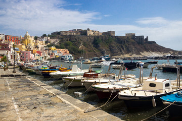 Procida Island with colorful houses on Neapolitan Bay in Italy 