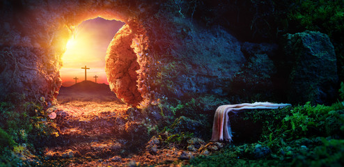 Crucifixion At Sunrise - Empty Tomb With Shroud - Resurrection Of Jesus Christ
 - obrazy, fototapety, plakaty