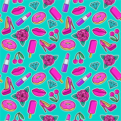 Cute seamless pattern with colorful patches. Stickers of ice cream, cherry, lipstick, rose, high heel shoes, donuts, diamonds etc on green background. Fashion patches and stickers. Vector illustration