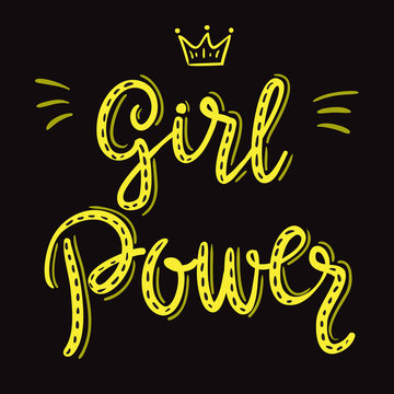 Girl power slogan hand drawn yellow lettering with crown on black background. Vector illustration for t shirt, poster etc