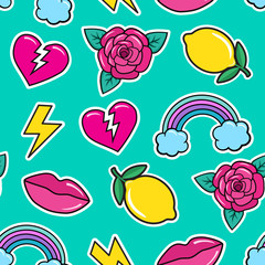 Seamless colorful pattern in fashion rockabilly tattoo style. Patches set, broken heart, rose, lemon, lips, rainbow etc on mint green background. Vector illustration of modern vintage stickers